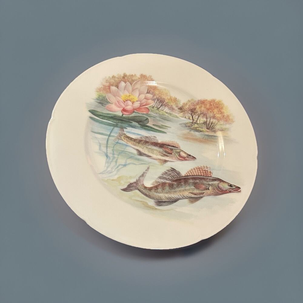 Rochard Limoges France Freshwater Fish MCM Dinner Plate 9" Vintage